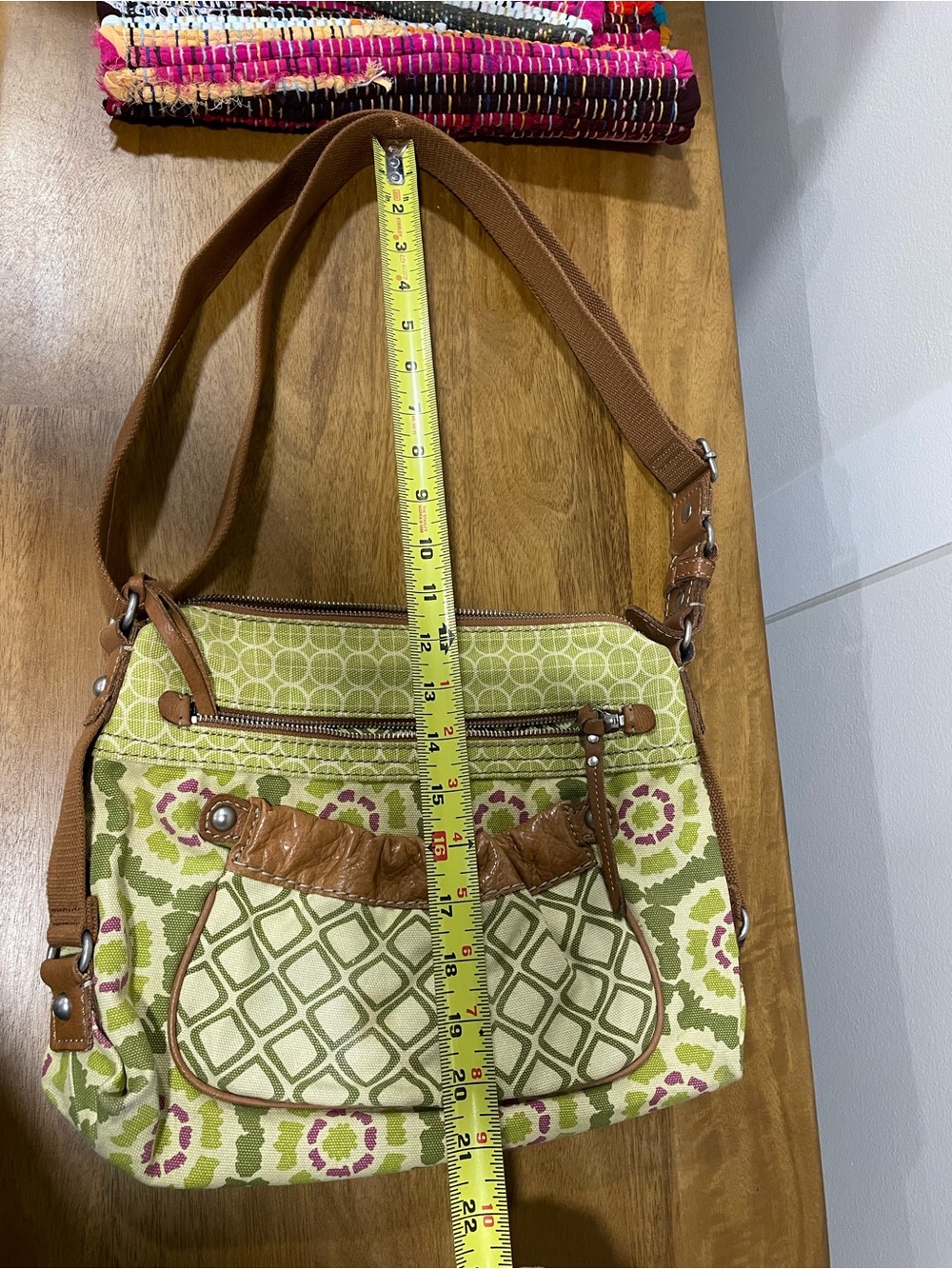 Fossil Green Patterned Shoulder Bag with Brown Trim
